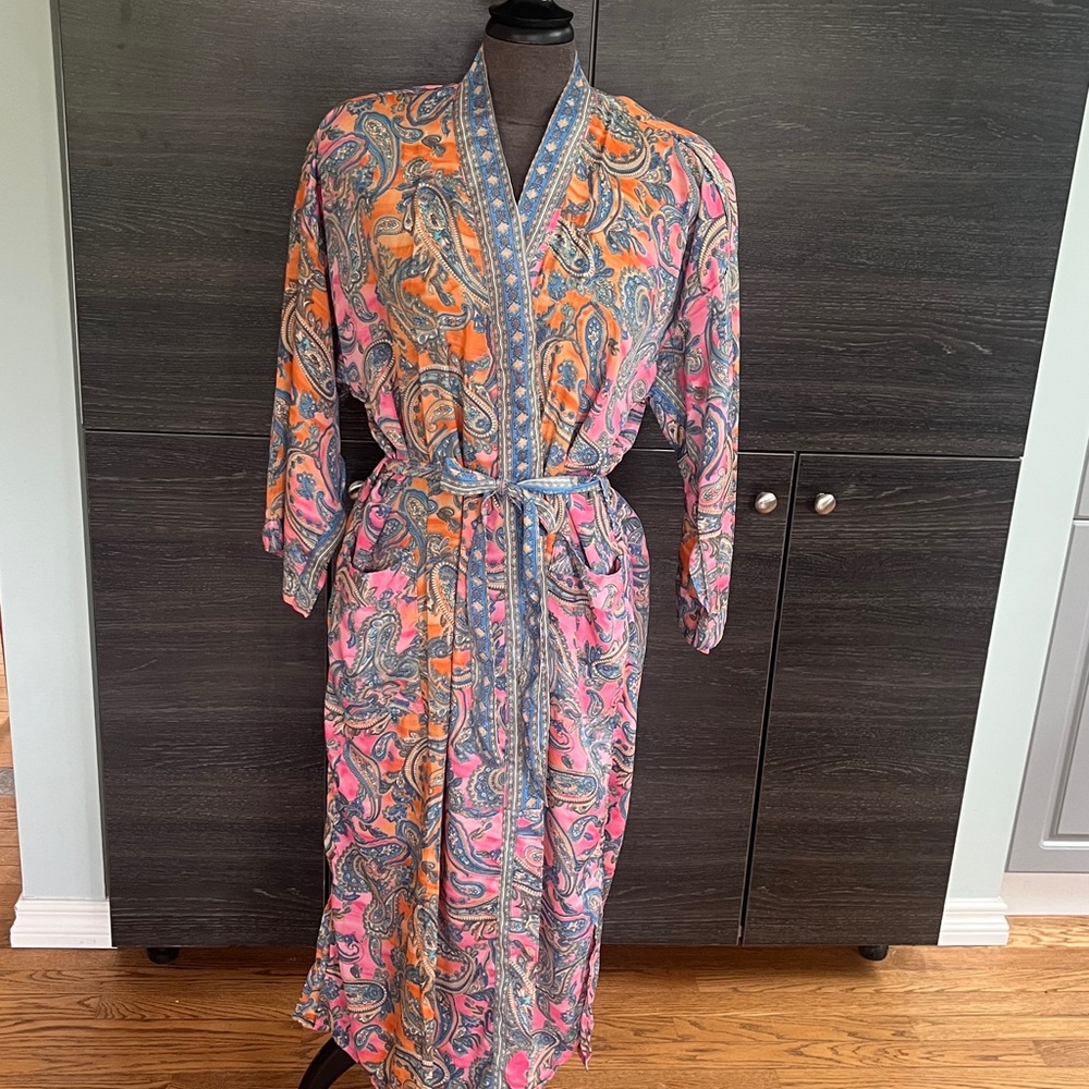 #23 New Paisley Silky Kimono from Recycled Indian  Saris OSFM orange pink blue